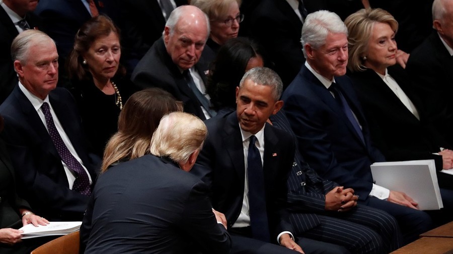 Trump ignores stone-faced Hillary, greets Obamas as all sit awkwardly together at Bush 41’s funeral