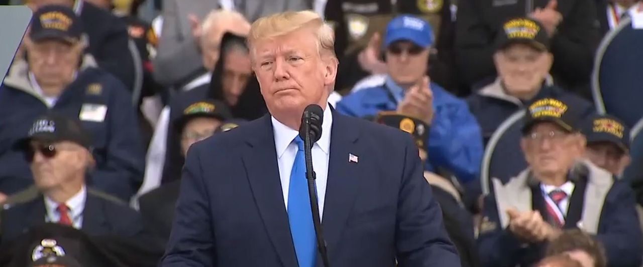 Trump honors D-Day vets in rousing speech on edge of Omaha Beach 75 years after daring invasion