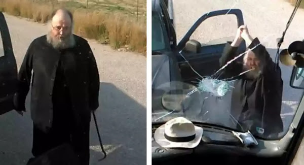 Καλόγερος «χούλιγκαν» σπάει με λοστό λεωφορείο στη Σαντορίνη μετά από τρακάρισμα -Βίντεο