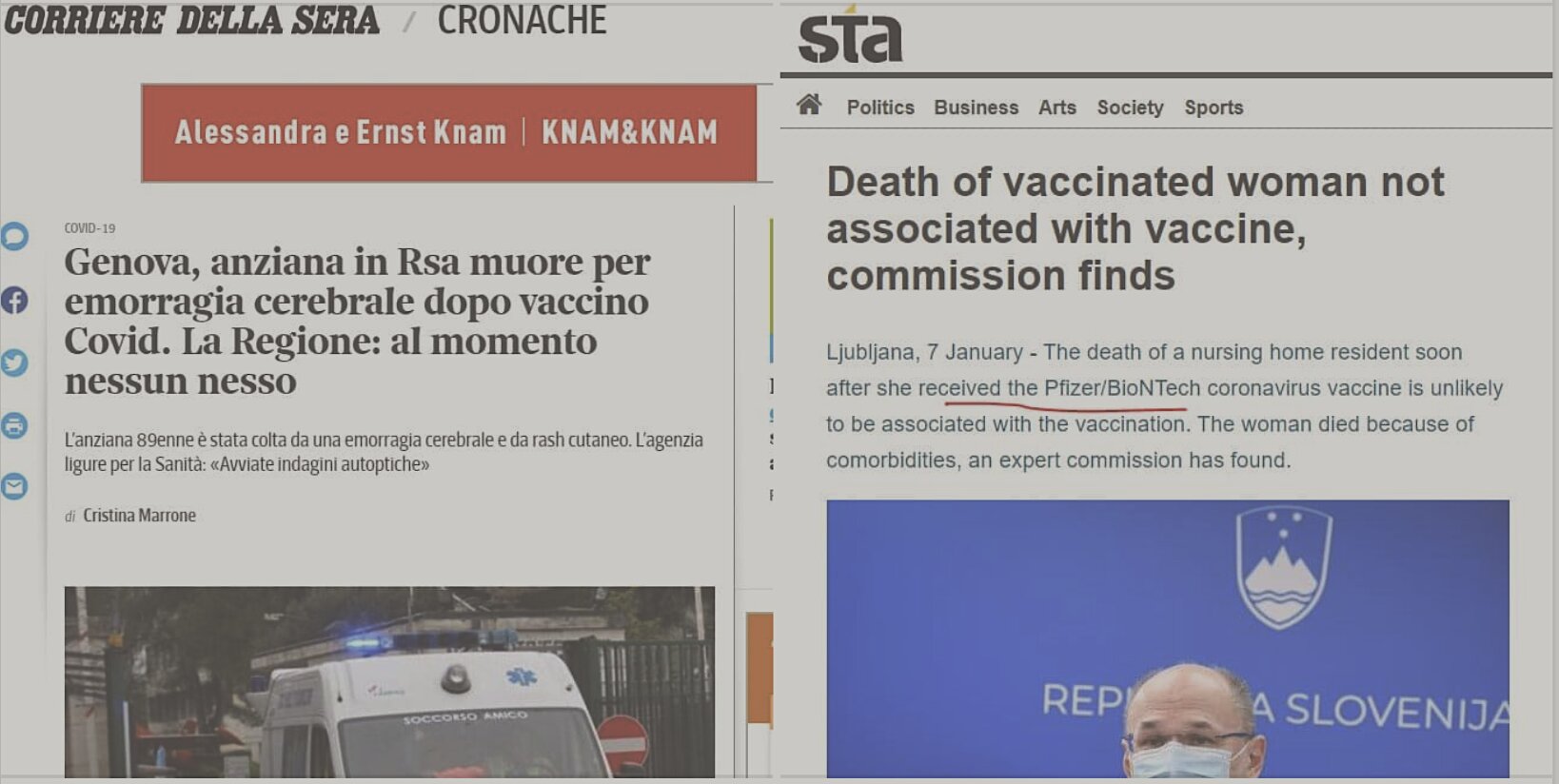 Άλλοι 2 θάνατοι ηλικιωμένων γυναικών μετά τον εμβολιασμό με Pfizer σε Γηροκομεία: 1 ηλικιωμένη πέθανε την επομένη στην Ιταλία και 1 στη Σλοβενία αμέσως μετά το εμβόλιο…